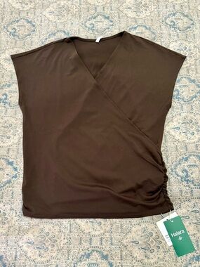 HALARA Chocolate Brown Wrap Vneck Short Sleeve Top